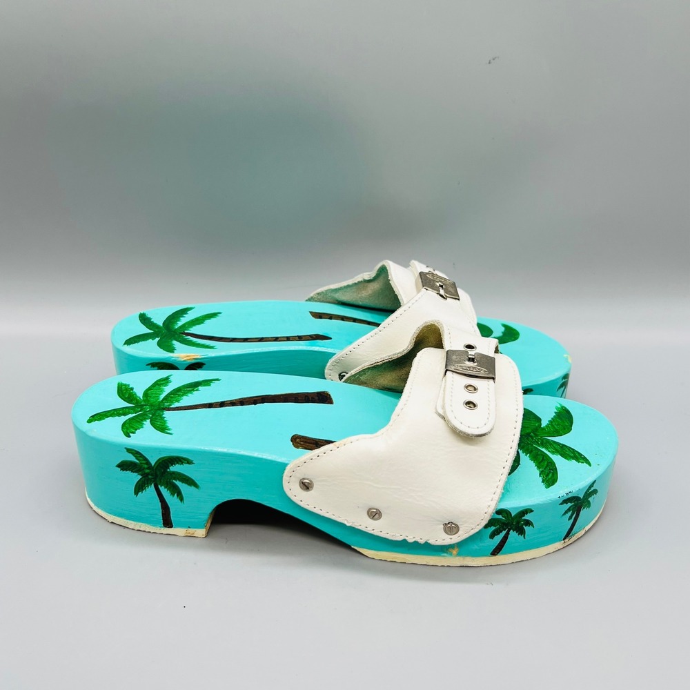 Dr Scholl's Sandals Womens 9 Blue White Palm Tree Wooden Hand Painted Shoes